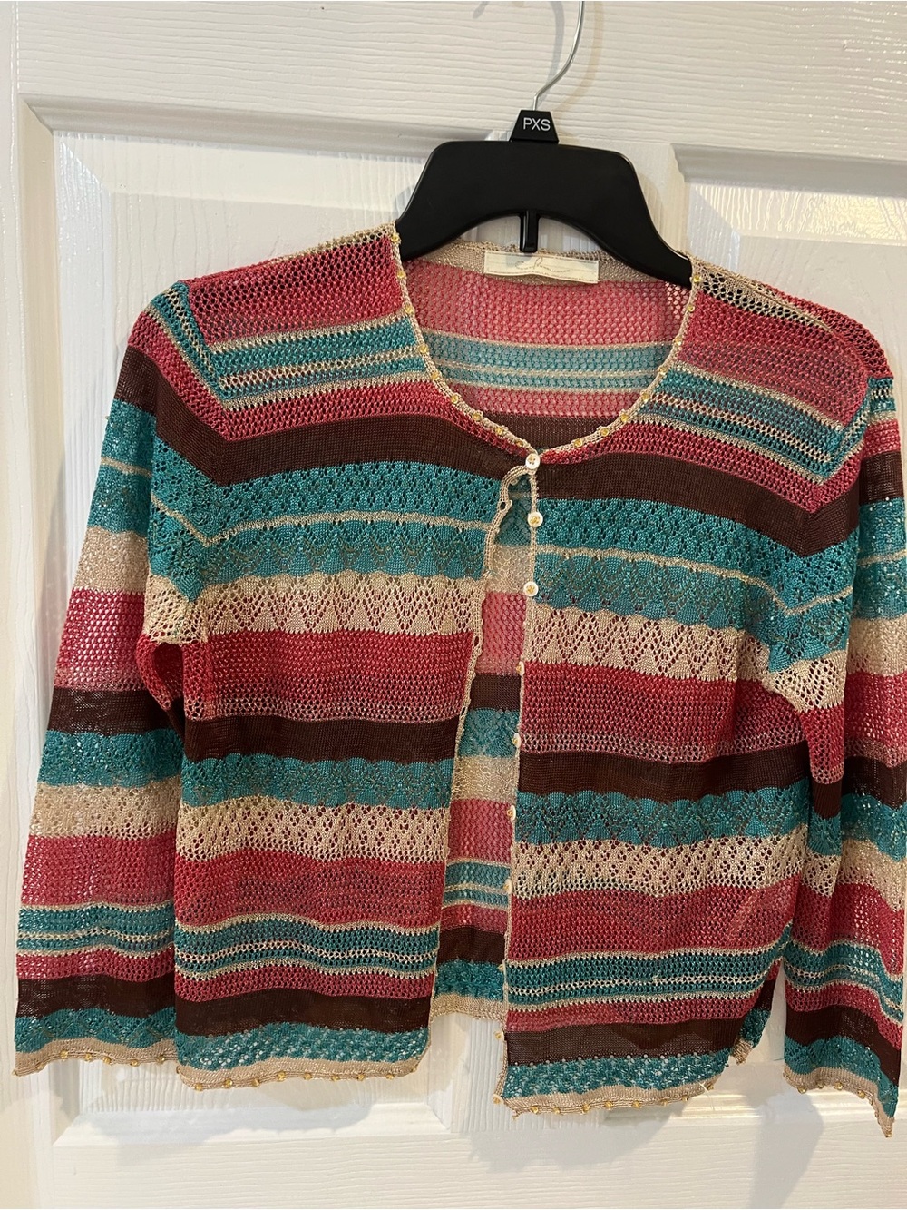 Chocolate Striped Openwork Cardigan in Teal, Pink, Brown, Cream